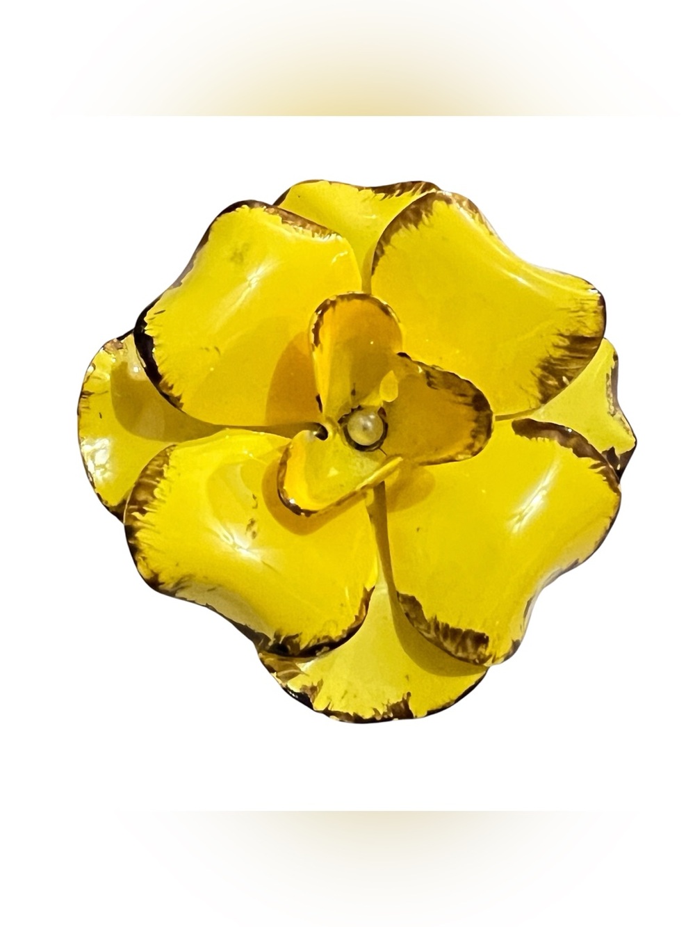 Yellow Enamel Flower Brooch with Brown Accents Hippie Flower Power